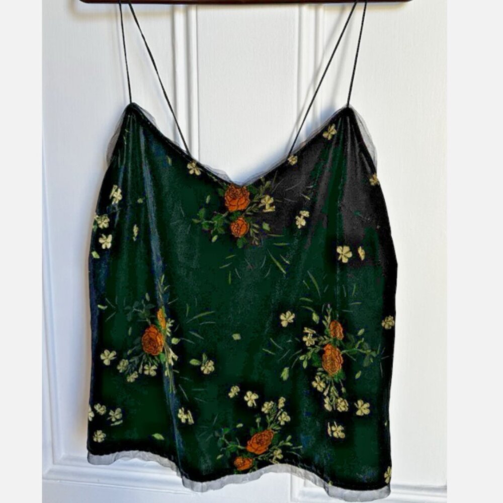 ZARA Black Velvet Embroidered Floral and Mesh Accent Camisole Top Size L
